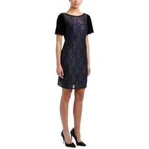 T Tahari Blue Metallic Lace Velvet Dress Sheath Boat Neck Size Medium